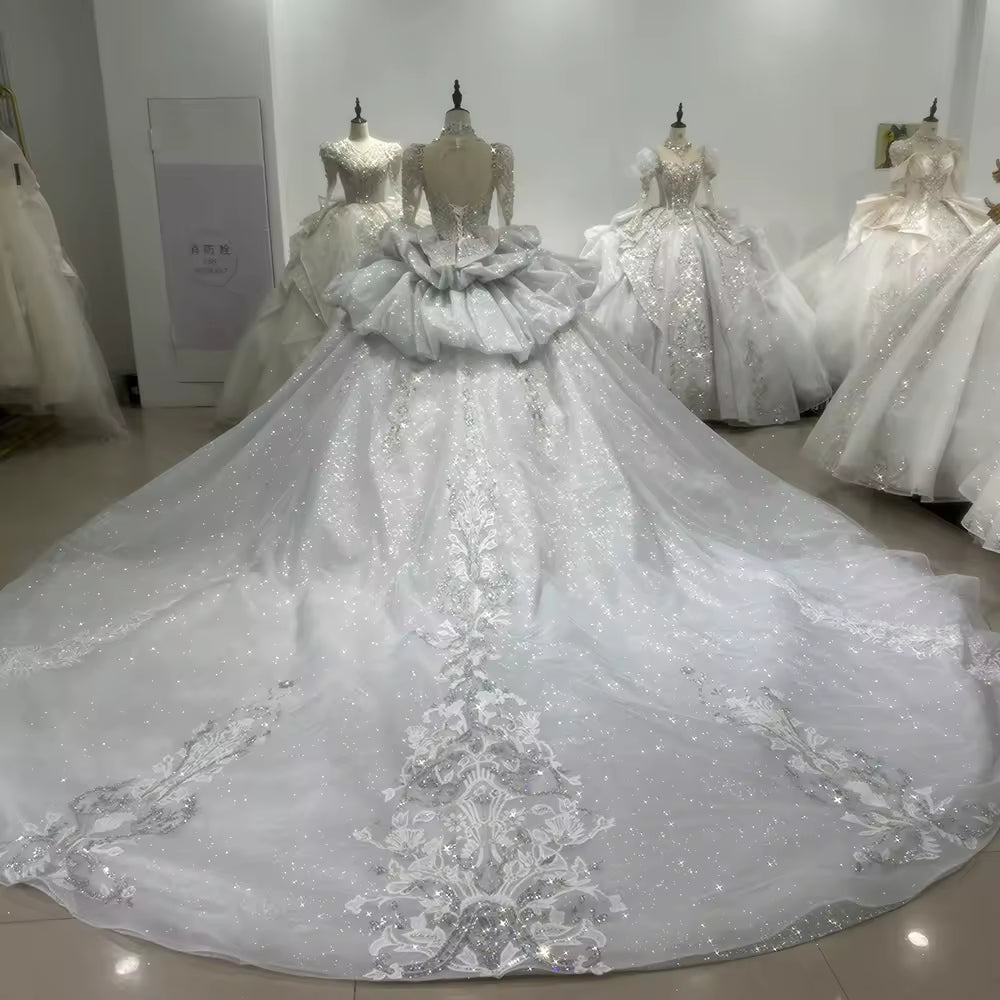 TW174 Vestido De Noiva Casamento Cívil V-Neck Long Sleeve Lace Up Keyhole Back Beading Embroidery Wedding Dress Ball Gown Bridal Dress