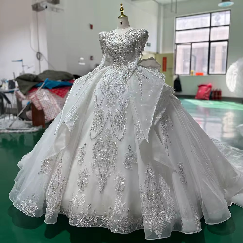 TW182 Robe Mariée Civile V-Neck Long Sleeve Lace Up Back Bow Customized Embroidery Beading Crystal Sequined Wedding Dress