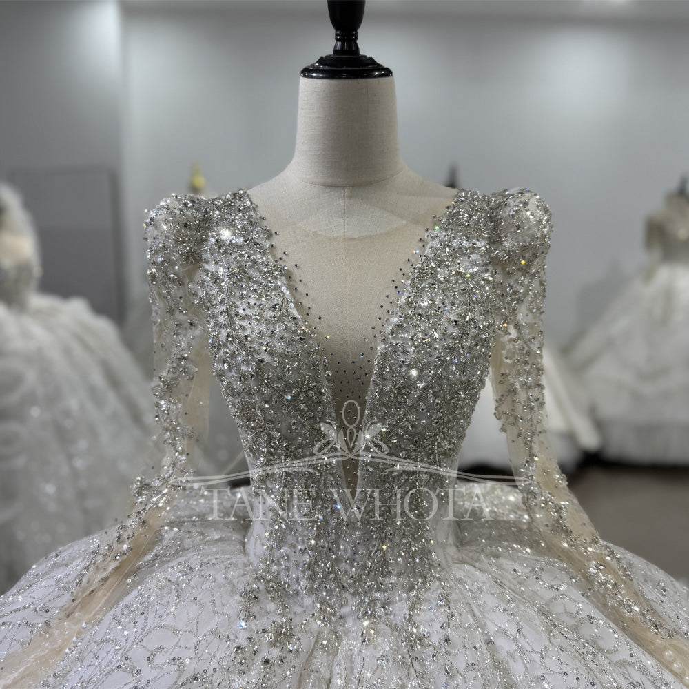 TW628 Vestidos Boda High Long Sleeve Crystal Sequined Wedding Dress Lace-Up Keyhole Back Customized Ball Gown For Brides