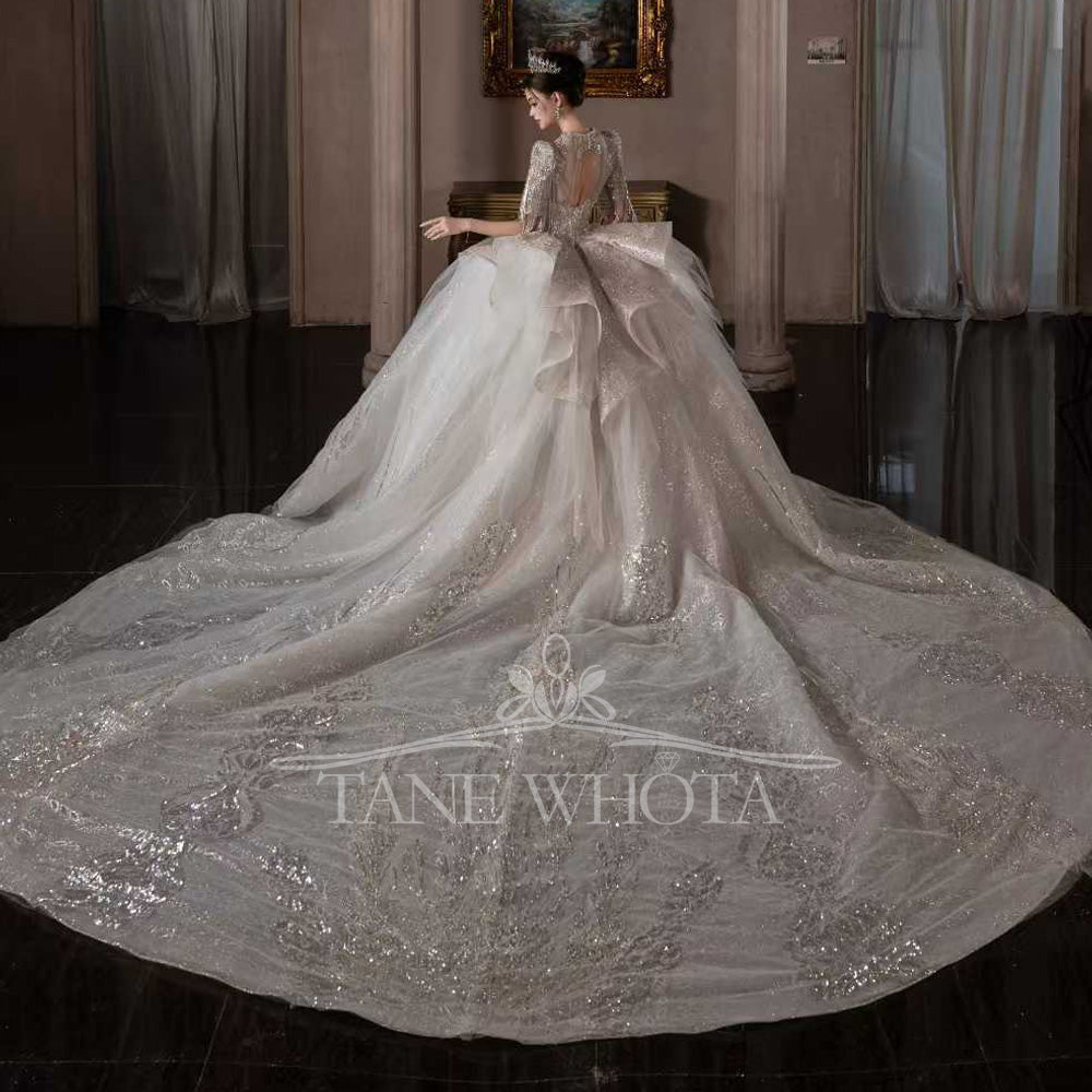 TW674 Sexy Scalloped Short Sleeve Beaded Sequined Ball Gown Wedding Dress Civil Ceremony Robe Customized Mariée