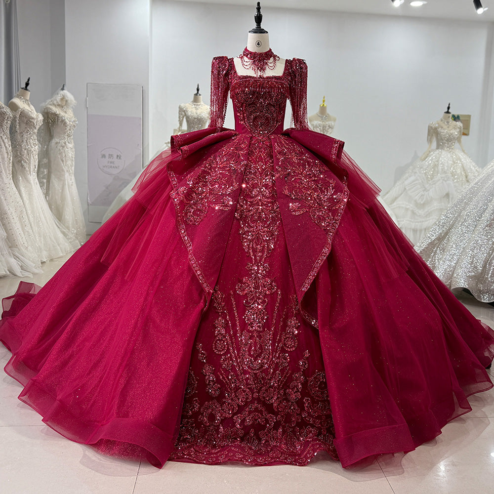 TW014 Lace Long Sleeve Square Callar Evening Dress Crystal Beaded Lace Up Back Red Long Dresses For Special Occasions