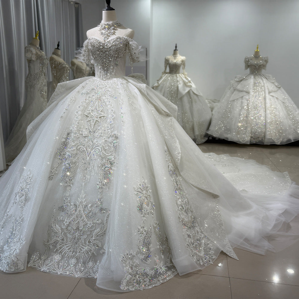TW010 Vestidos De Novias Off The Shoulder Ball Gown Lace Beading Shiny Luxury Wedding Dresses 2025