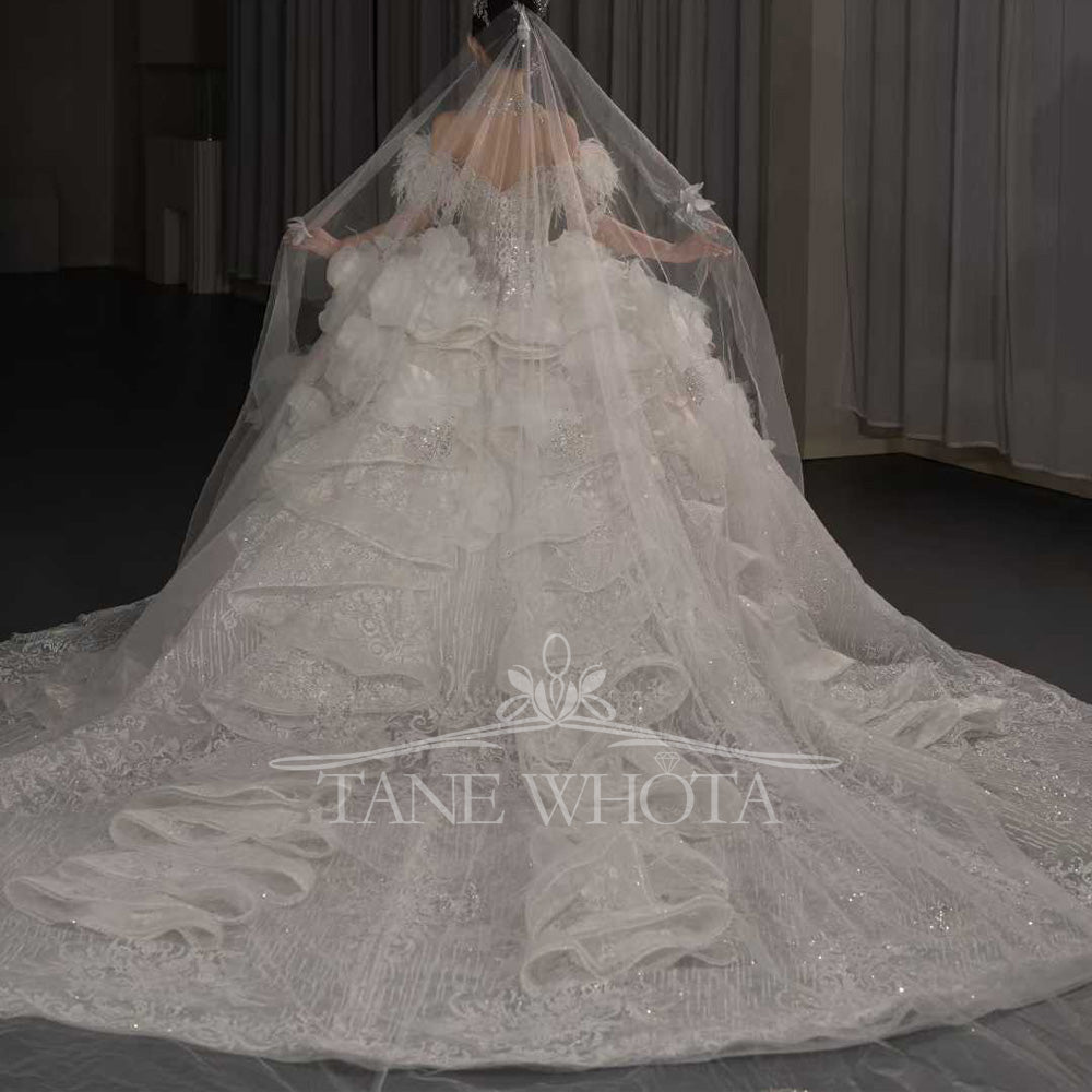 TW664 Elegant Sweetheart Off-Shoulder Beaded Sequined Feathers Wedding Dress Customized Bridal Gown