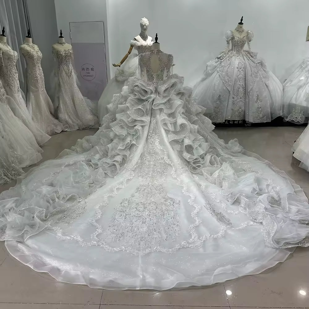 TW159 Vestidos De Noivas Tassel Short Sleeve Scalloped Wedding Dress Lace Up Keyhole Back Beading Embroidery Ball Gown Bridal Dress