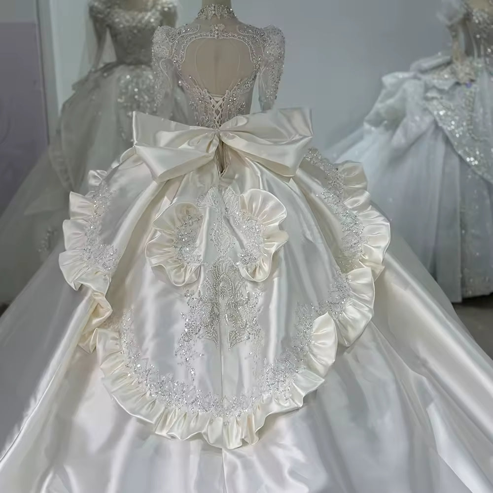 TW177 Vestido Casamento Noiva Civil Ball Gown Square Collar Long Sleeve Lace Up Back Beading Crystal Bow Customized Wedding Dress