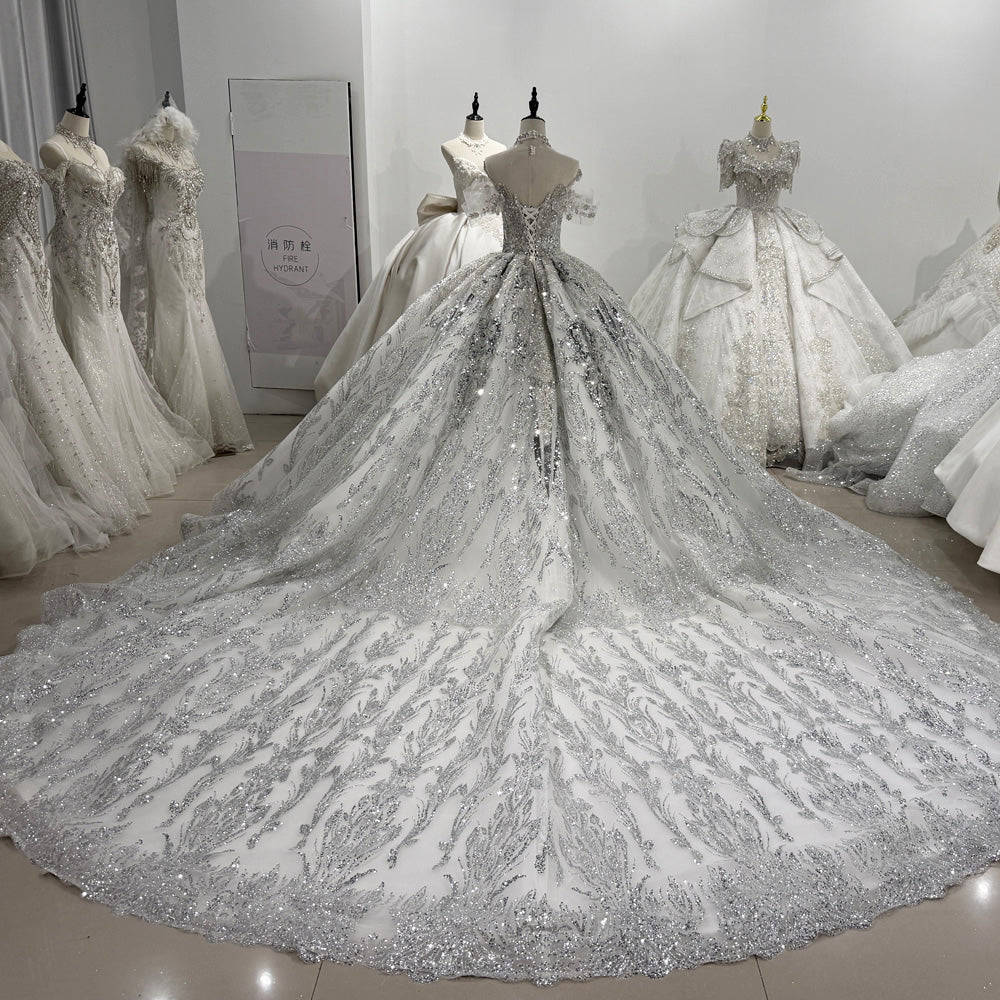 TW129 Luxury Silver Wedding Dress O-Neck Lace Up Keyhole Back Beading Crystal Embroidery Ball Gown Bridal Dress
