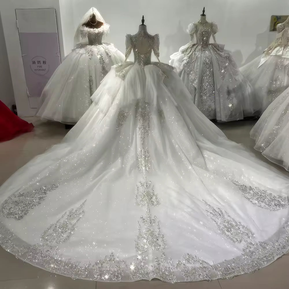 TW137 Vestido De Novia Princesa High Long Sleeve Wedding Dress Lace Up Keyhole Back Sequined Beads Ball Gown Bridal Dress