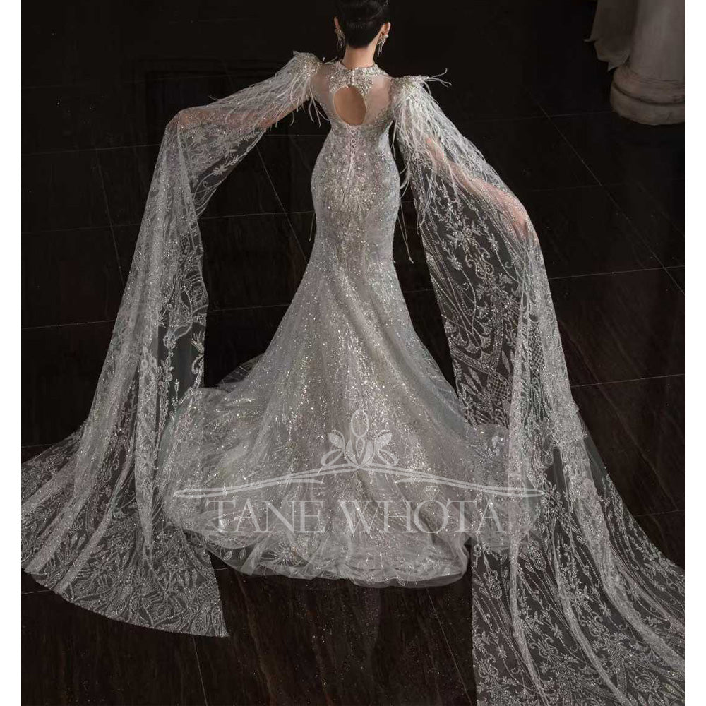 TW661 Sexy O-Neck Cap Sleeve Wedding Dress Lace-Up Keyhole Back Sequined Tassel Feathers Customized Sheath Gown For Women