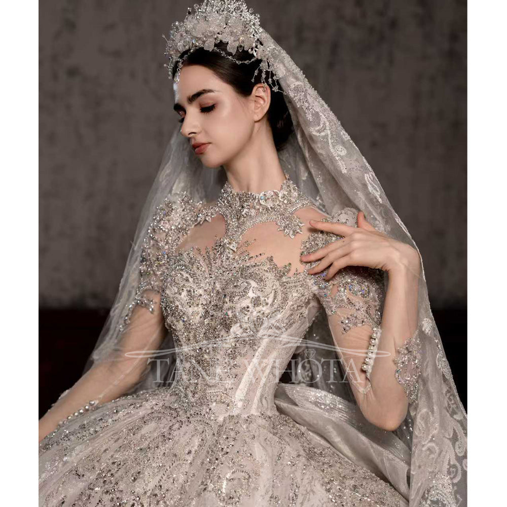 TW545 Luxury High Long Sleeve Lace Wedding Dress Beading Sequined Brides Customizable