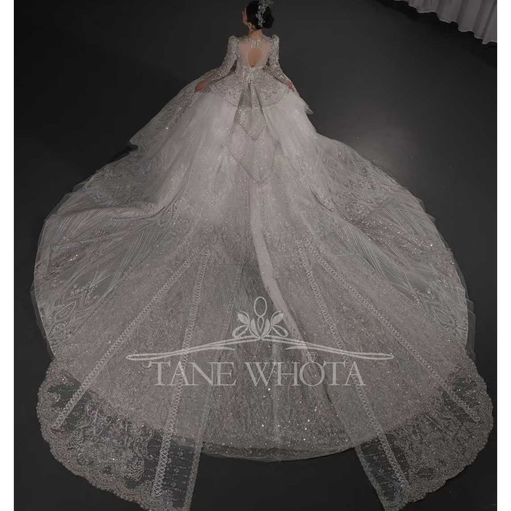 TW666 V-Neck Long Sleeve Wedding Dress Lace Up Keyhole Back Beaded Sequined Ball Gown Customized Elegant Vestidos De Boda