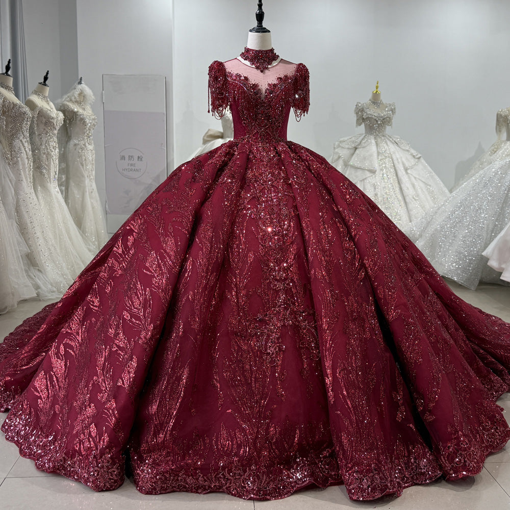 TW128 Evening Dresses Luxury 2025 Half Sleeve O-Neck Crystal Embroidery Beaded Keyhole Back Red Long Dresses For Special Occasions