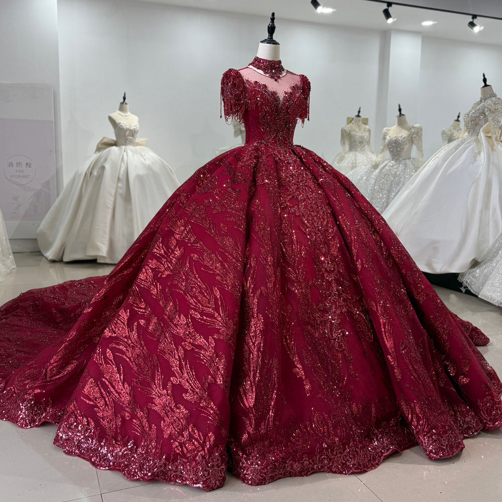 TW128 Evening Dresses Luxury 2025 Half Sleeve O-Neck Crystal Embroidery Beaded Keyhole Back Red Long Dresses For Special Occasions