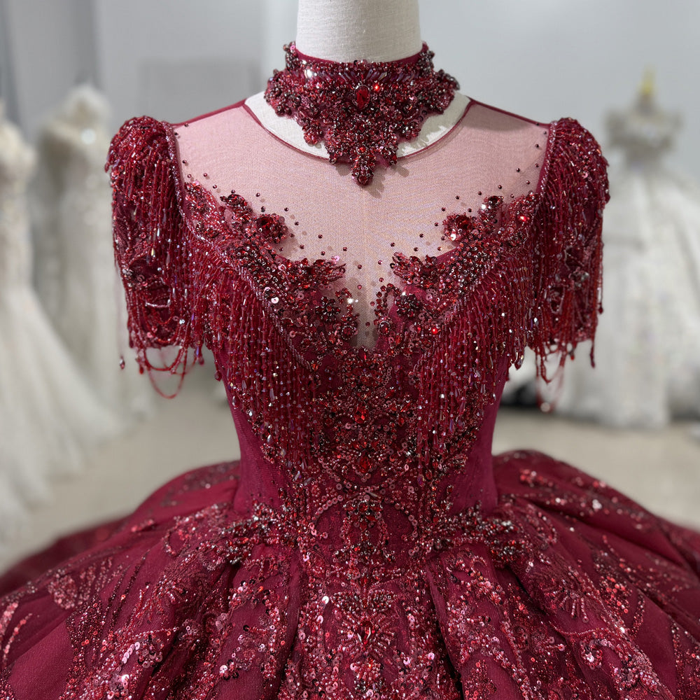 TW128 Evening Dresses Luxury 2025 Half Sleeve O-Neck Crystal Embroidery Beaded Keyhole Back Red Long Dresses For Special Occasions