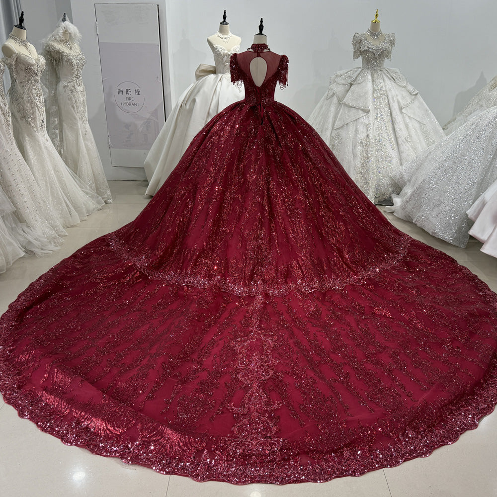 TW128 Evening Dresses Luxury 2025 Half Sleeve O-Neck Crystal Embroidery Beaded Keyhole Back Red Long Dresses For Special Occasions