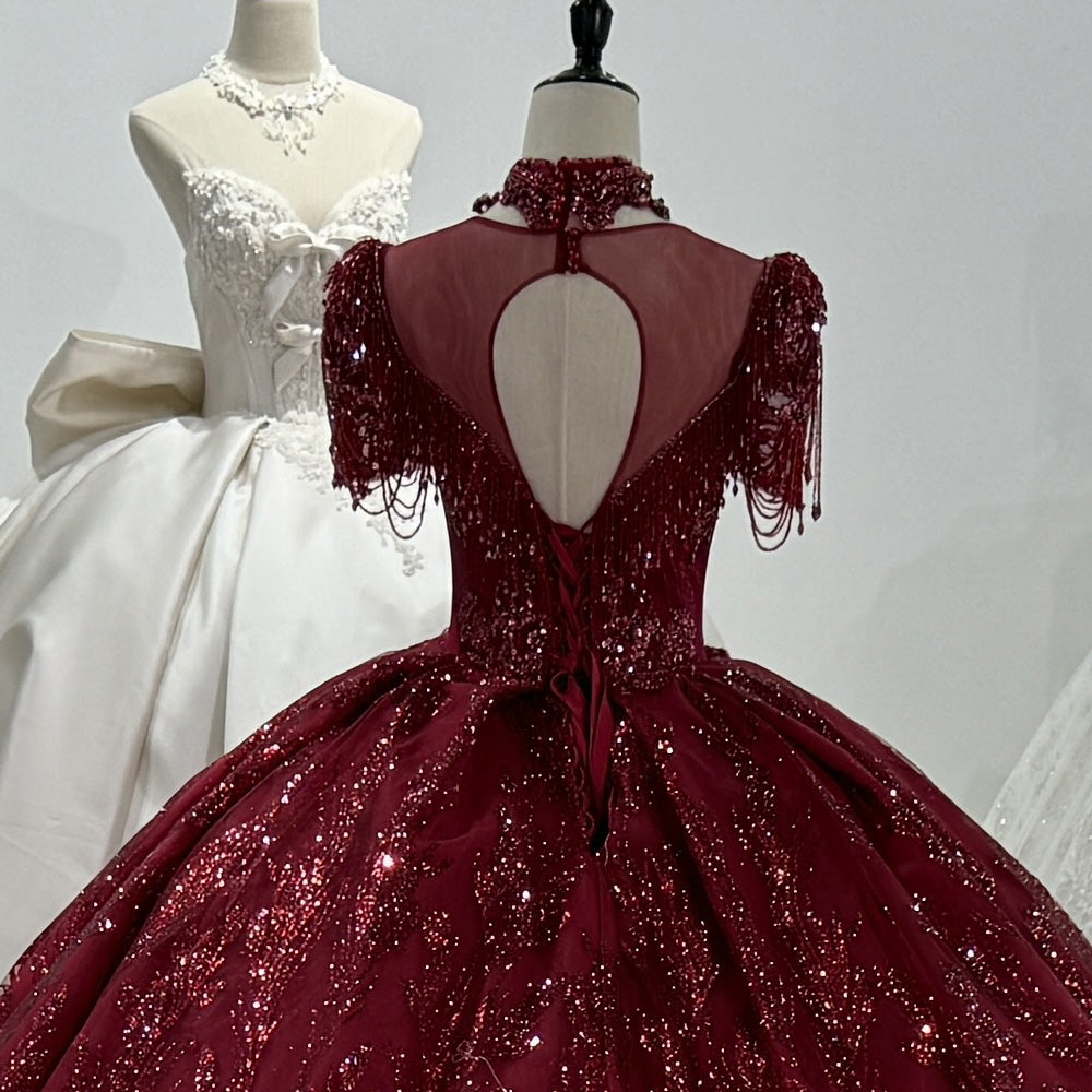 TW128 Evening Dresses Luxury 2025 Half Sleeve O-Neck Crystal Embroidery Beaded Keyhole Back Red Long Dresses For Special Occasions