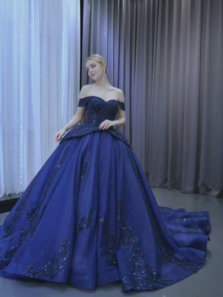 TW557 Customizable Blue Off-Shoulder Sweetheart Quinceañera Dress Lace-Up Back Beaded Sequined Embroidery 15th Birthday Prom Gown