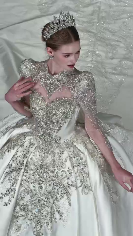 Luxury crystal long sleeve satin ball gown wedding dress