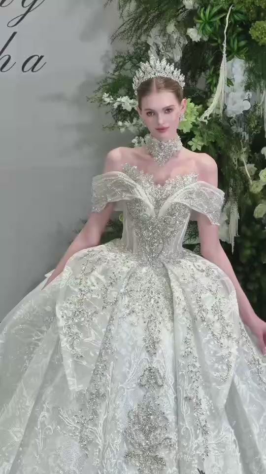 Crystal lace off the shoulder wedding dress