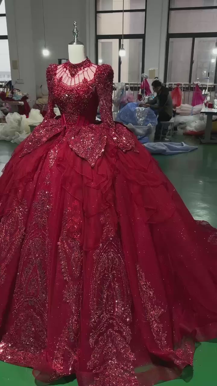 TW256 Evening Dresses Luxury Party Long Sleeve High Keyhole Back Crystal Embroidery Beading Red Long Dresses For Special Occasions