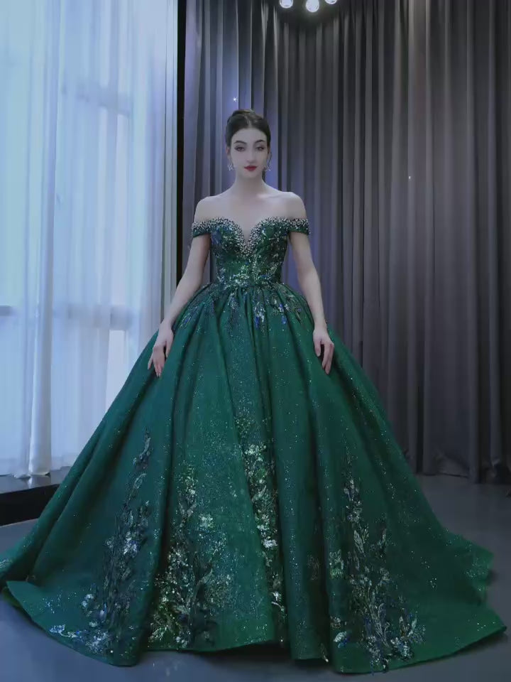 TW287 Vestidos Quinceañera Sweetheart Off Shoulder Lace Up Back Ball Gown Beading Crystal Sequined Customized Green Long Dress