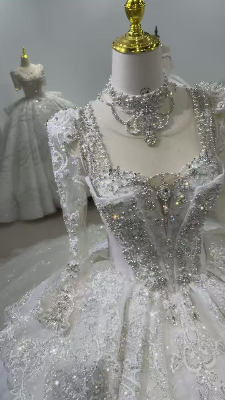 TW418 Vestido De Noiva Long Sleeve Ball Gown Lace up Trend Luxury Crystal Lace Wedding Dress for Brides