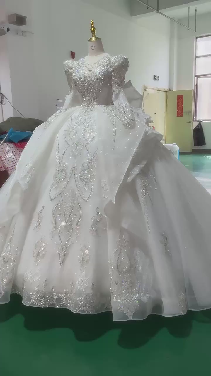 TW182 Robe Mariée Civile V-Neck Long Sleeve Lace Up Back Bow Customized Embroidery Beading Crystal Sequined Wedding Dress