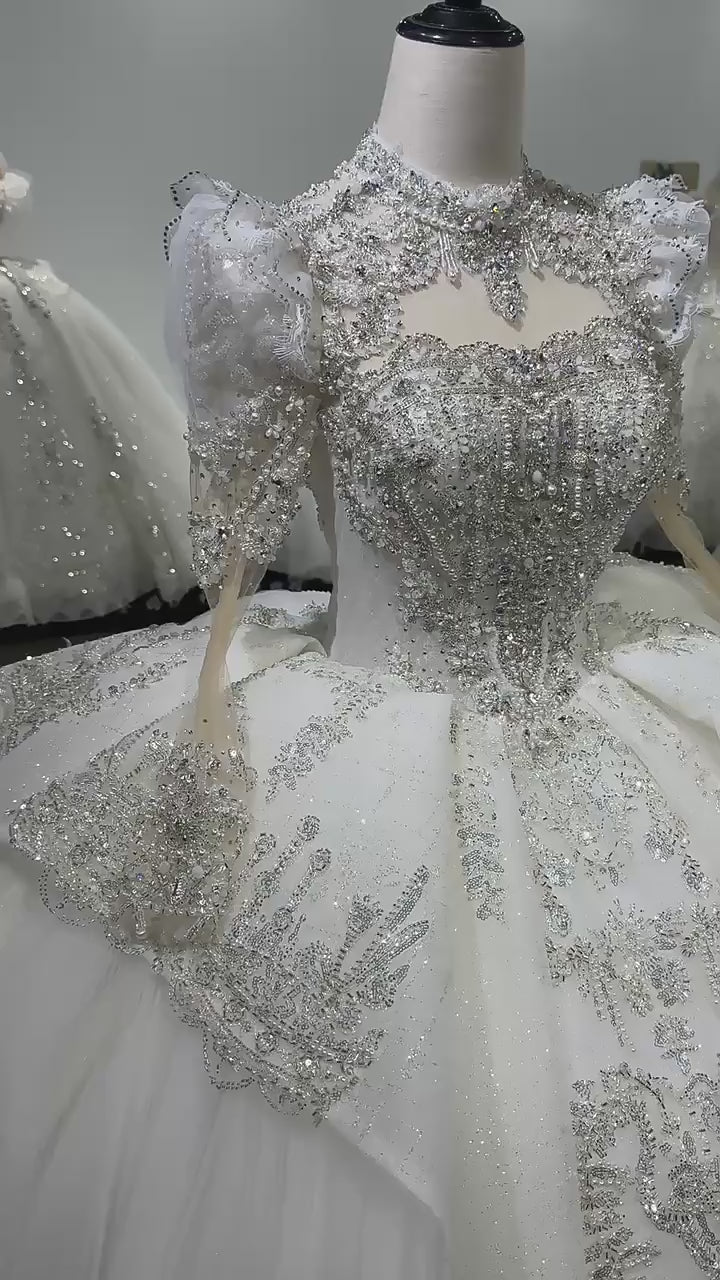 TW137 Vestido De Novia Princesa High Long Sleeve Wedding Dress Lace Up Keyhole Back Sequined Beads Ball Gown Bridal Dress