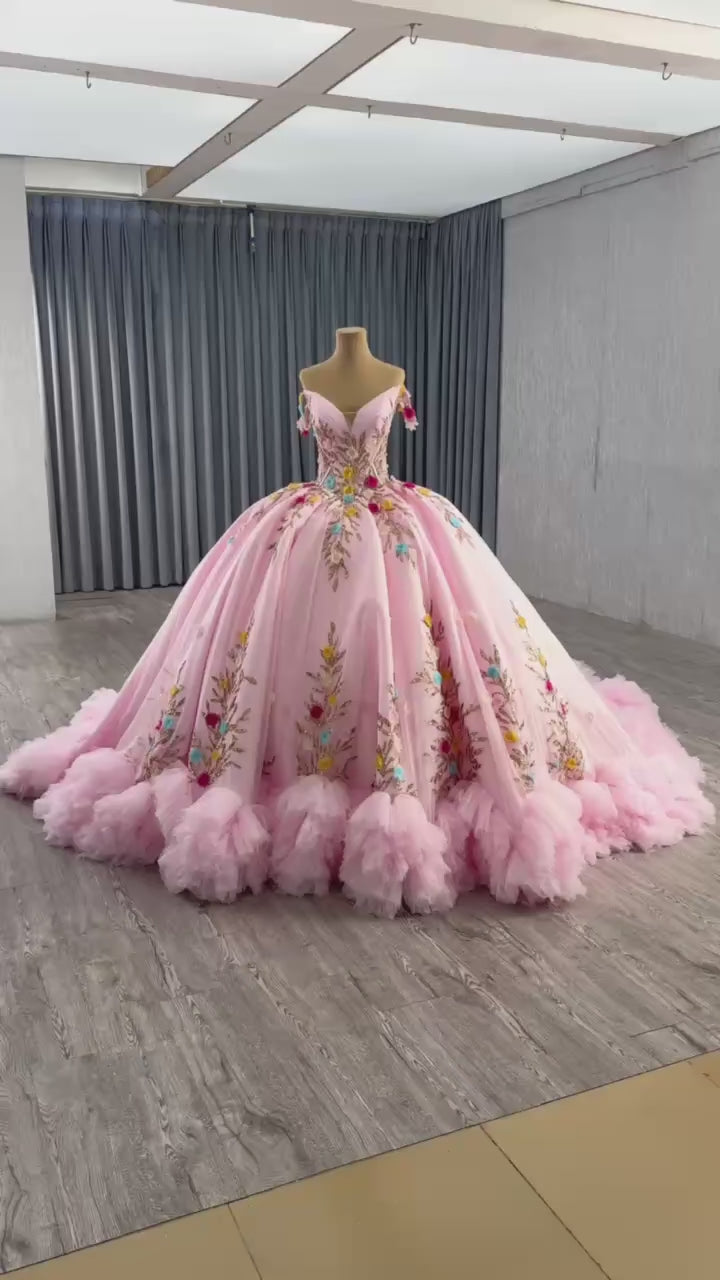 TW570 Girls Pink Quinceanera Dress Sweetheart Off-Shoulder Lace-Up Back Appliques Sequined Abito Quinceanera Princess Customizable