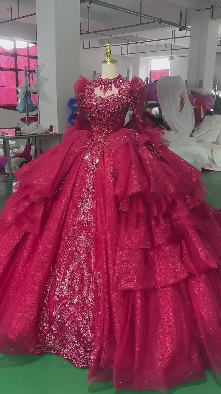 TW260 Red Bespoke Occasion Dresses High Long Sleeve Lace Up Keyhole Back Evening Dresses Bow Crystal Embroidery Beaded Red Long Dresses
