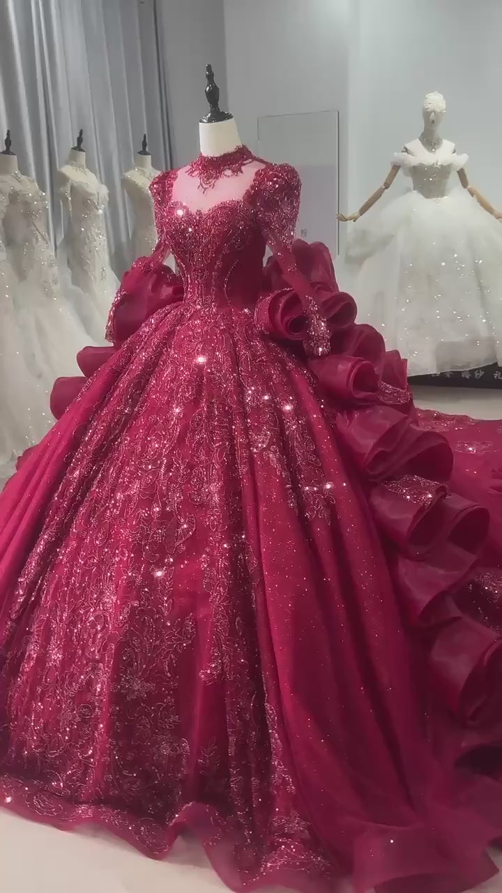 TW248 Luxury Evening Dresses 2025 High Long Sleeve Crystal Embroidery Beaded Keyhole Back Ruffles Red Long Dresses