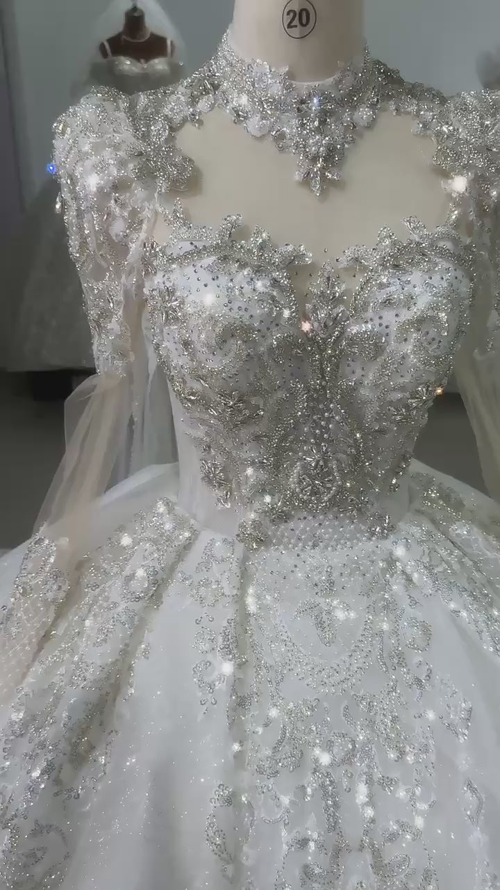 TW167 White Wedding Dress Long Sleeve Sweetheart Wedding Dress Button Back Ball Gown Sequined Beading Embroidery Bridal Dress