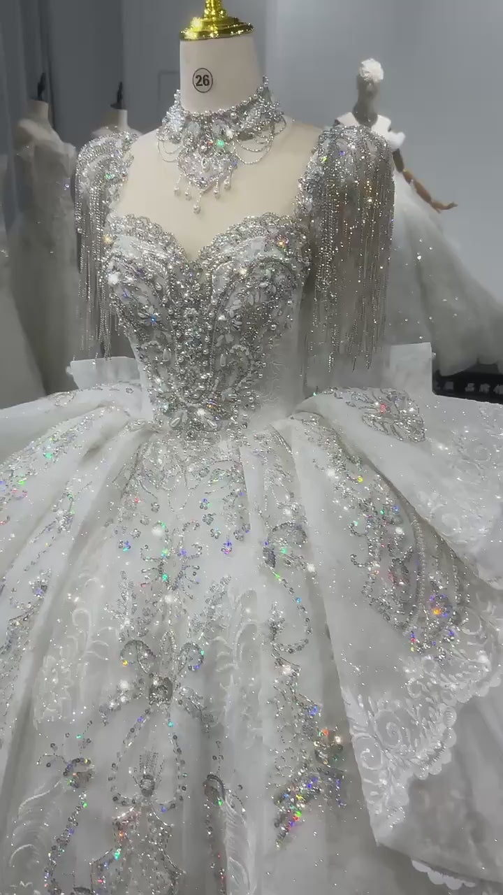 TW106 Bridal Dresses Short Sleeve O neck Wedding Dress Lace Up Back Ball Gown Bow Tassel Beading Crystal Embroidery Bridal Dress