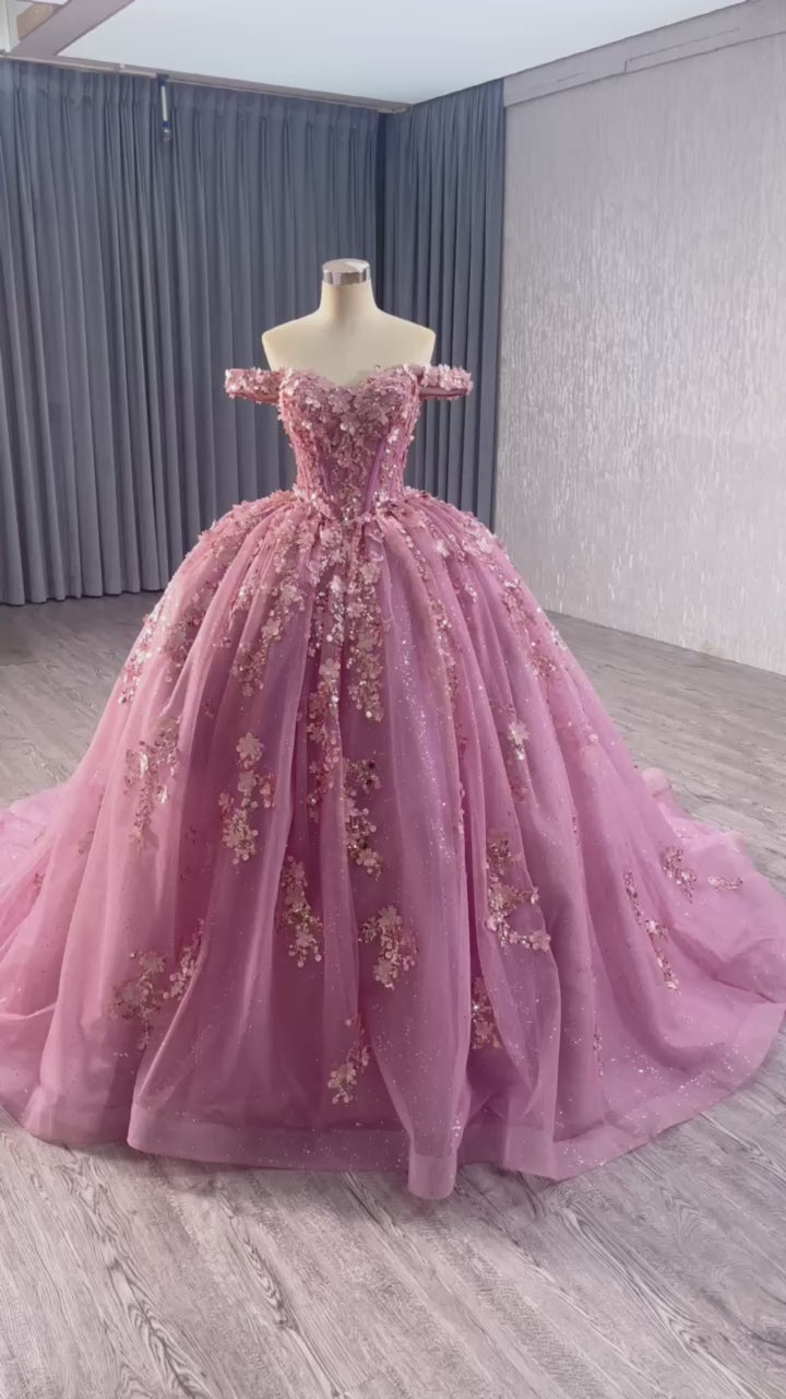 TW126 Vestidos De 15 Off Shoulder Sweetheart Appliques Sequined Lace Up Back Pink Luxury Long Dress For Special Occasions