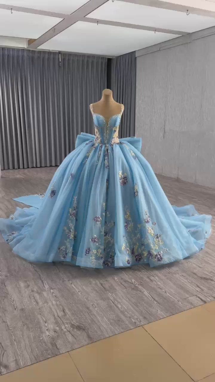 TW571 Customizable Sequined Embroidery Bow Prom Dress For 15 Quinceanera Spaghetti Straps Sleeveless Lace-Up Back Dress