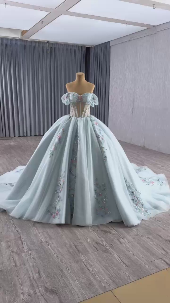 TW328 Abiti Quinceanera Sweetheart Off Shoulder Lace Up Back Appliques Sequined Embroidery Long Silver Grey Princess Quinceanera Dress