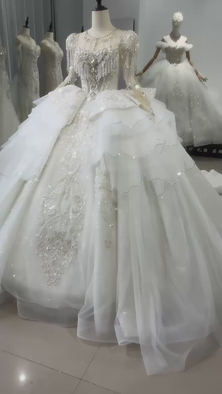 TW156 Wedding Dress Long Sleeve Sweetheart Lace Up Keyhole Back Beading Crystal Embroidery Ball Gown Customized Luxury Bridal Dress
