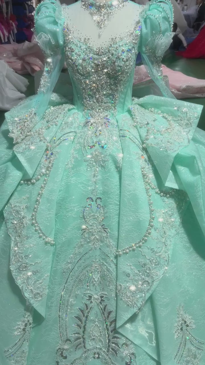 TW250 Turquoise Robe De Soirée Luxury High Long Sleeve Crystal Embroidery Beaded Keyhole Back Green Long Dresses For Special Occasions