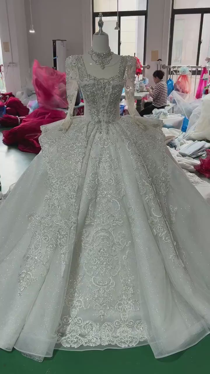 TW418 Vestido De Noiva Long Sleeve Ball Gown Lace up Trend Luxury Crystal Lace Wedding Dress for Brides