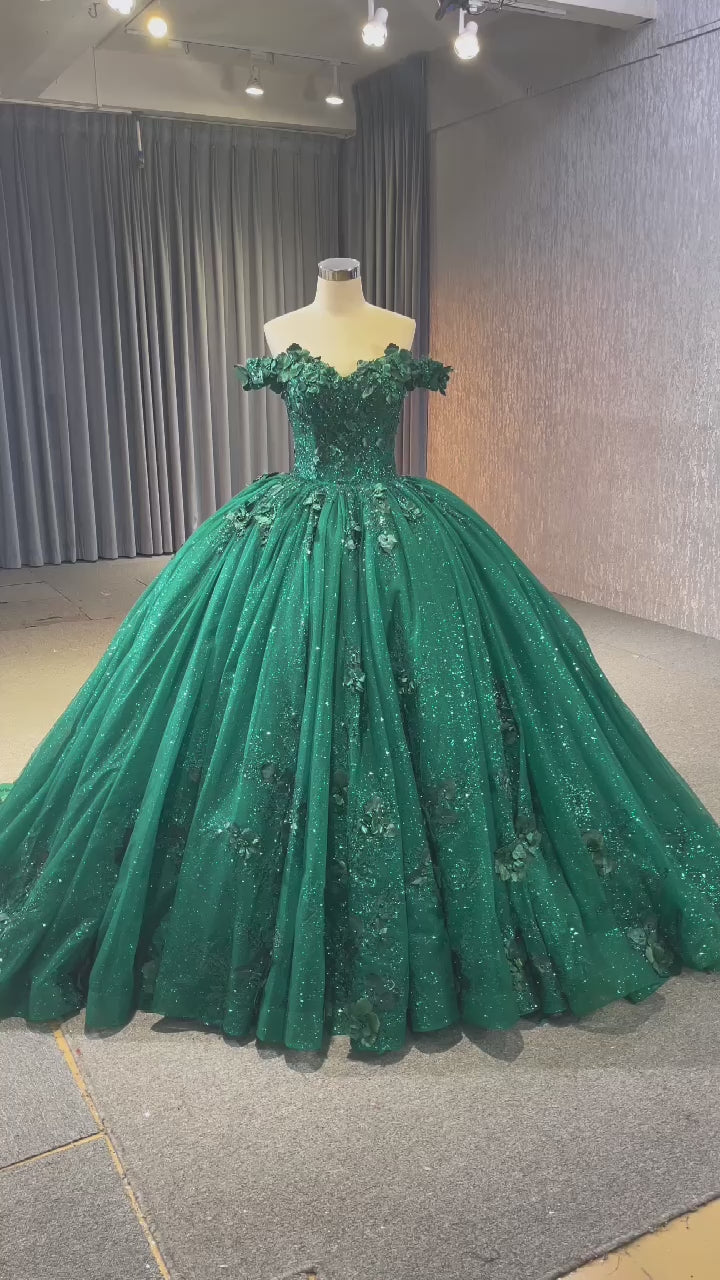 TW306 Vestidos 15 Años Ball Gown Sweetheart Off Shoulder Lace Up Back Beading Sequined Appliques Customized Green Long Dress