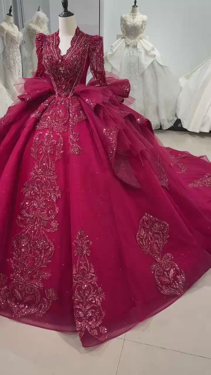 TW012 Lace Evening Dresses Luxury 2025 Long Sleeve Crystal Beaded Keyhole Back Red Long Dresses For Special Occasions