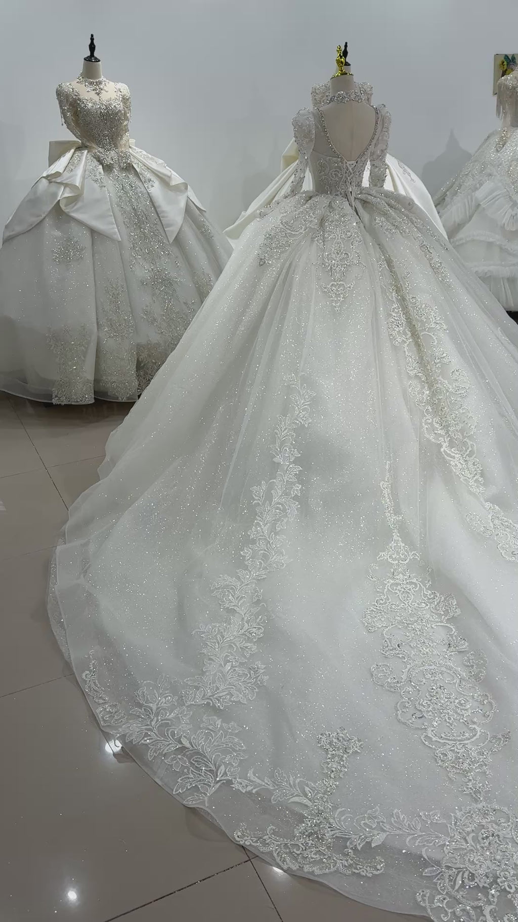 TW030 Corset Bridal Dress With Necklace Square Collar Lace Up Back Long Sleeve Beading Ball Gown Wedding Dress