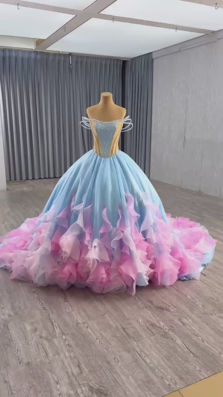 TW563 Blue Strapless Quinceanera Dress With Lace-Up Back Beading Sequined Crystal Ruffles For 15th Birthday Dresses