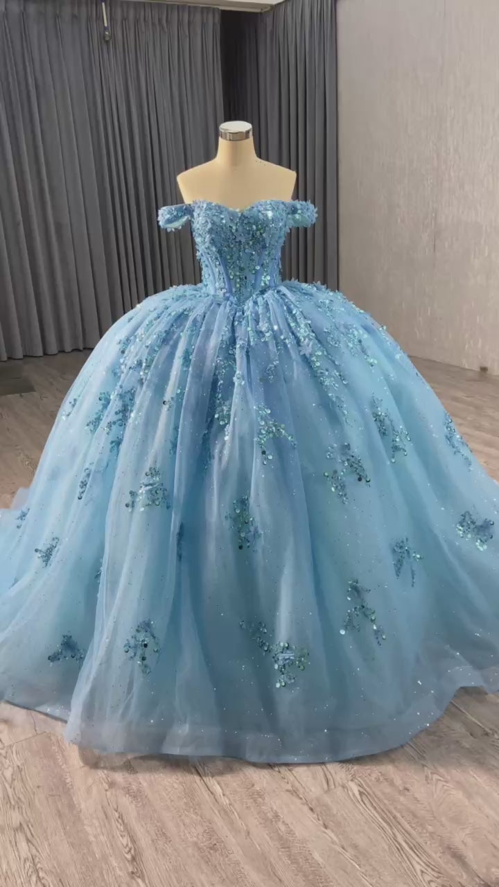 TW126 Vestidos De 15 Off Shoulder Sweetheart Appliques Flower Lace Up Back Blue Luxury Long Dress For Special Occasions