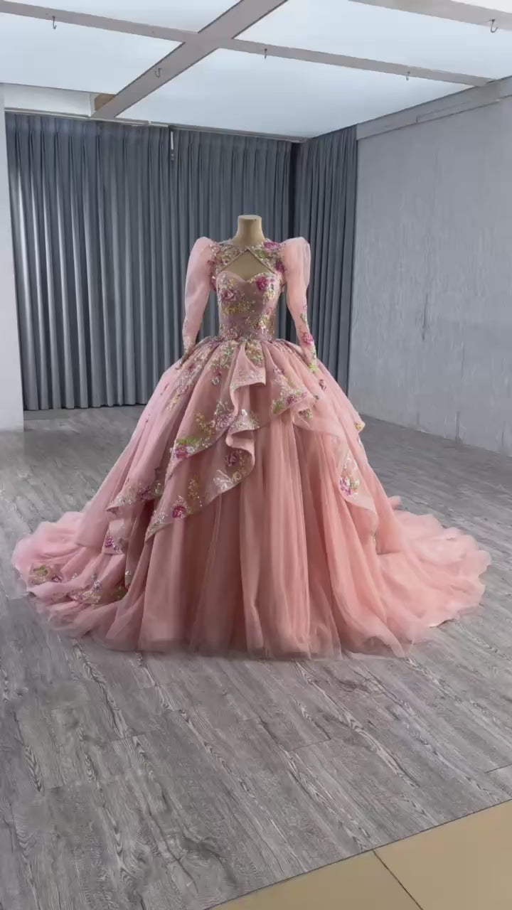 TW527 Pink Quinceañera Evening Gown With Lace-Up Back Detachable Jacket Sequined Embroidery Appliques Customizable Vestido