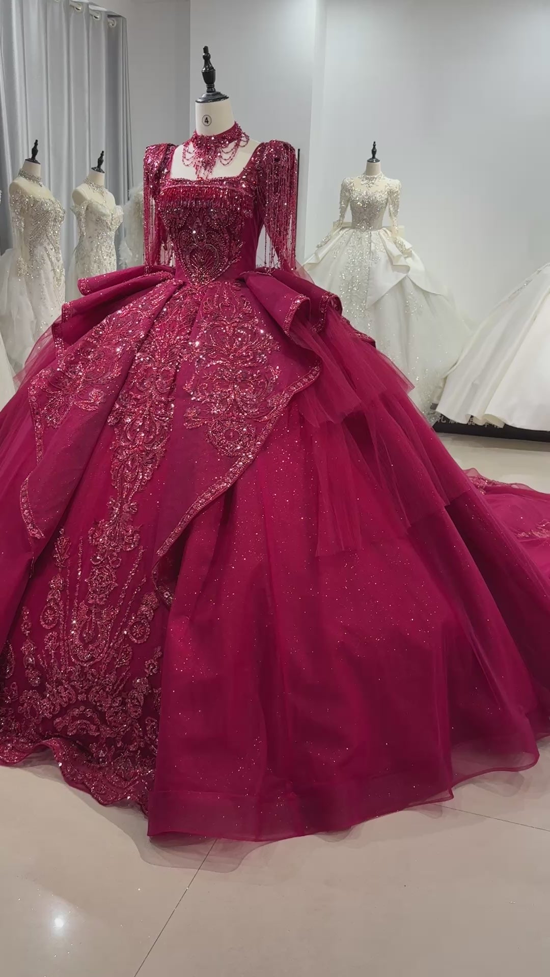 TW014 Lace Long Sleeve Square Callar Evening Dress Crystal Beaded Lace Up Back Red Long Dresses For Special Occasions