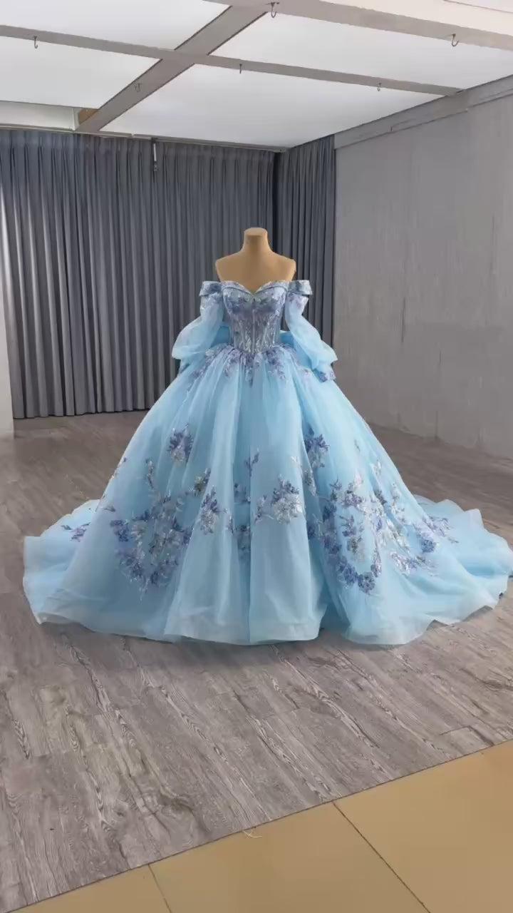 TW555 Sweetheart Detachable Sleeve Lace-Up Back Sequined Embroidery Bow Customizable Blue Princess Dress For 15th Birthday