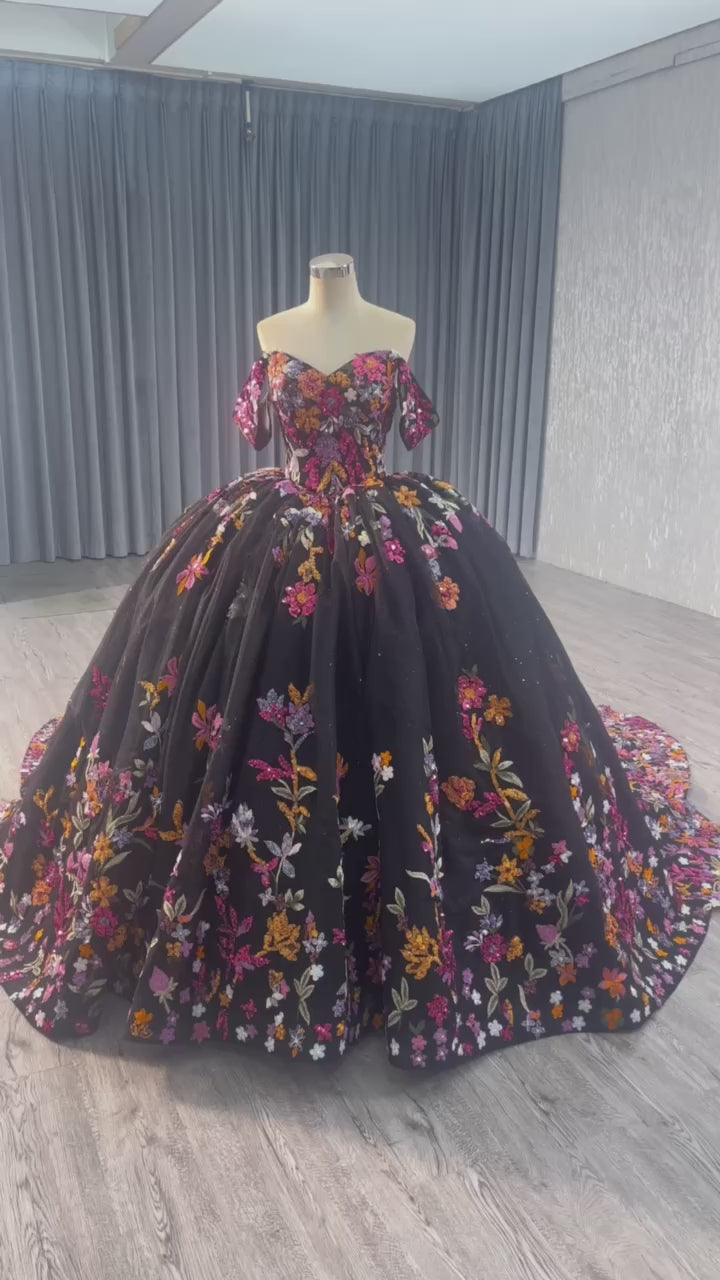 TW505 Black Lace Quinceanera Dress With Off-Shoulder Flowers Sweetheart Lace-Up Back Embroidery Ball Gown For Girls