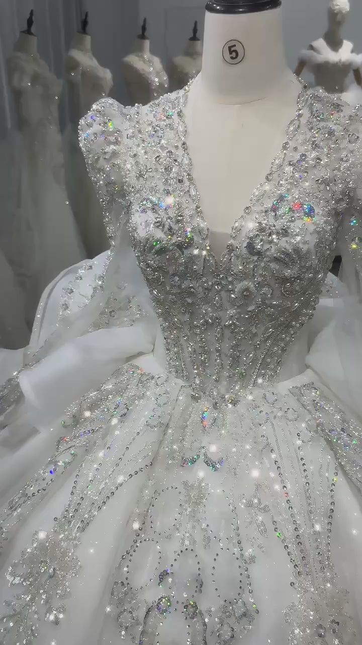 TW105 Robes De Mariée Sur Mesure Long Sleeve V-Neck Wedding Dress Lace Up Back Ball Gown Sequined Beading Bridal Dress