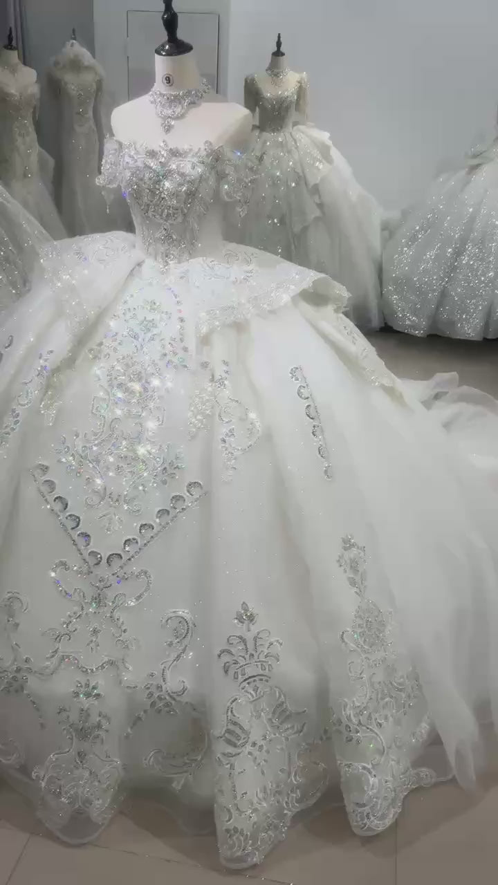 TW110 Off White Wedding Dress Off The Shoulder Lace Up Back Sequined Beading Embroidery Ball Gown Bridal Dress