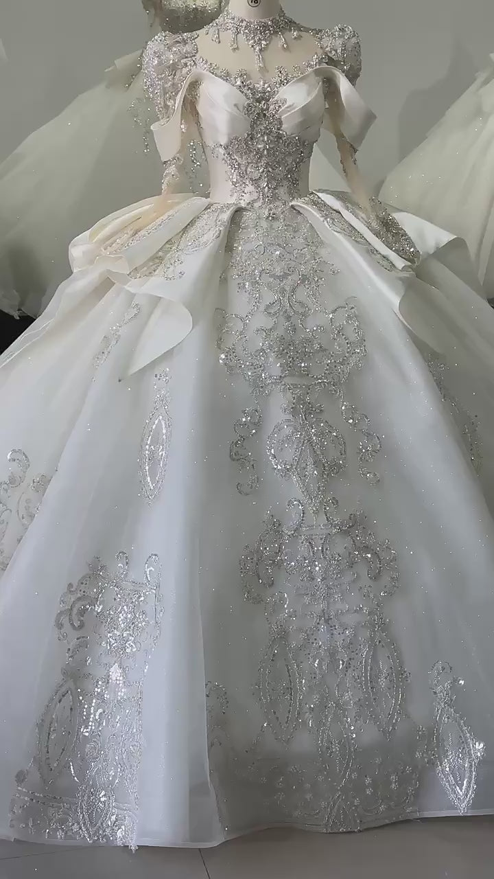 TW141 Long Sleeve Sweetheart Lace Up Back Wedding Dress Bow Beading Sequined Star Crystal Ball Gown Bridal Dress